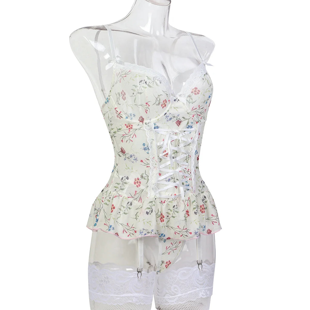 Lace-Up Corset Babydoll with Stockings