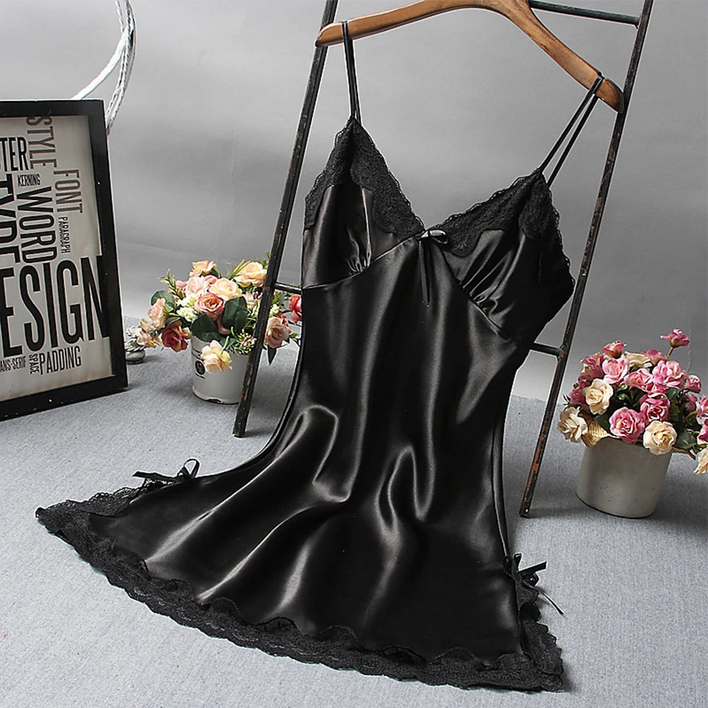 Satin Lace Nightdress – Sexy Solid Color Wrap Sleepwear Short Dress