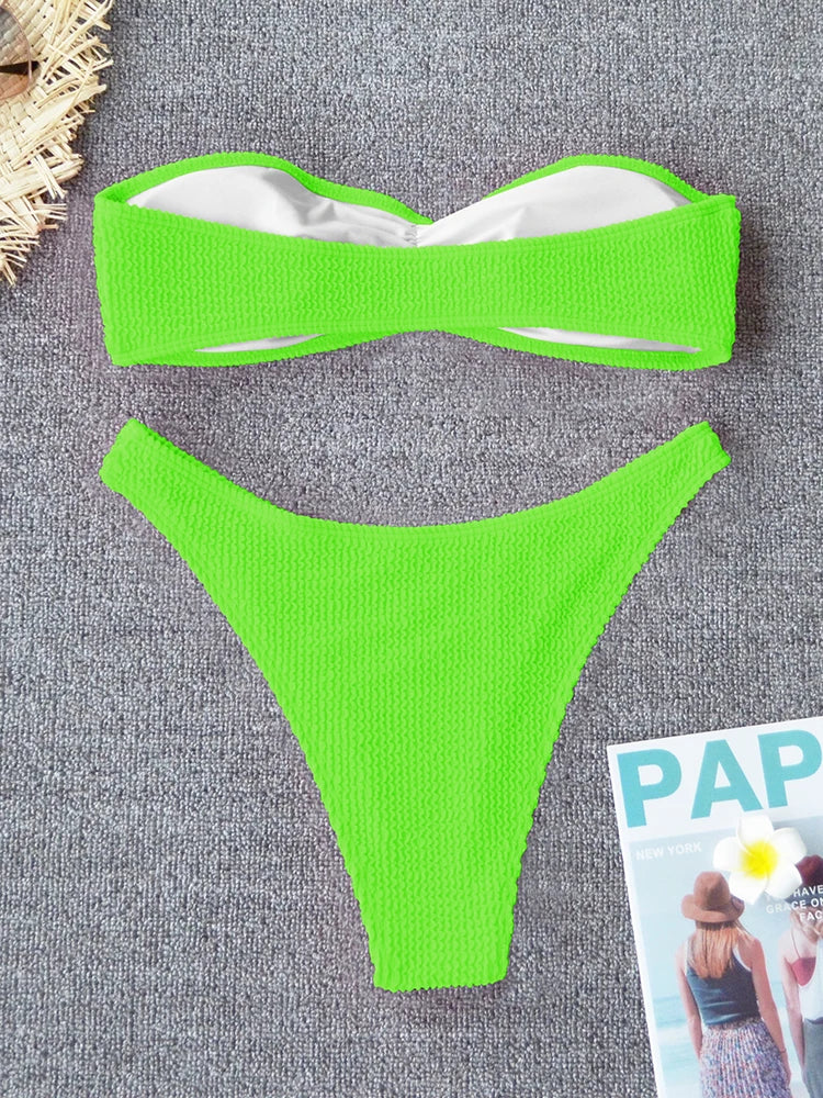 Sexy Textured Bikini 2025 Bandeau Swimsuit Women Swimwear Push Up Bikini Set Solid Bathing Suit Beach Wear Biquini Female