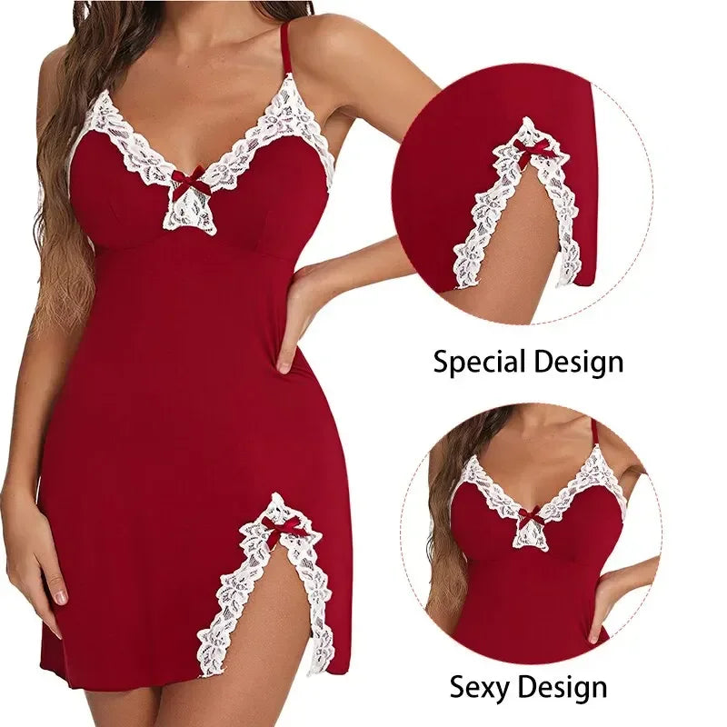 V-Neck Lace Chemise – Sexy Bow Nightdress Sleepwear