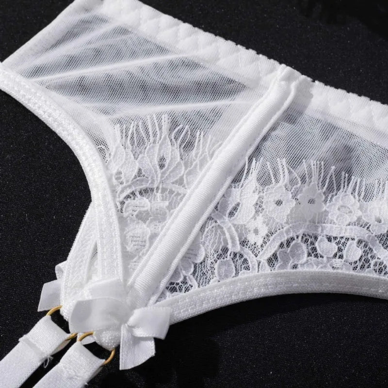 Transparent Lace Bra & Thong with Garter Belt