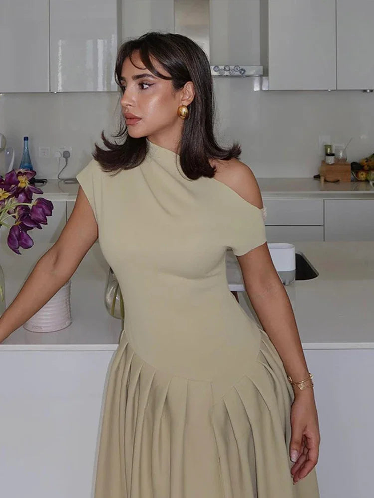 Women Elegant Wine Red Irregular Neck Slim Dress Fashion Sleeveless High Waist Pleated Hem Dresses  Chic Lady Party Robes