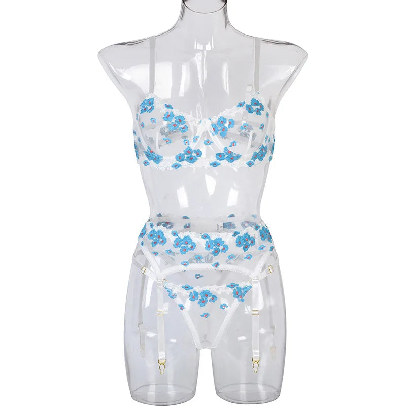 Floral Lace Transparent Bra & Thong Lingerie Set (3pcs)