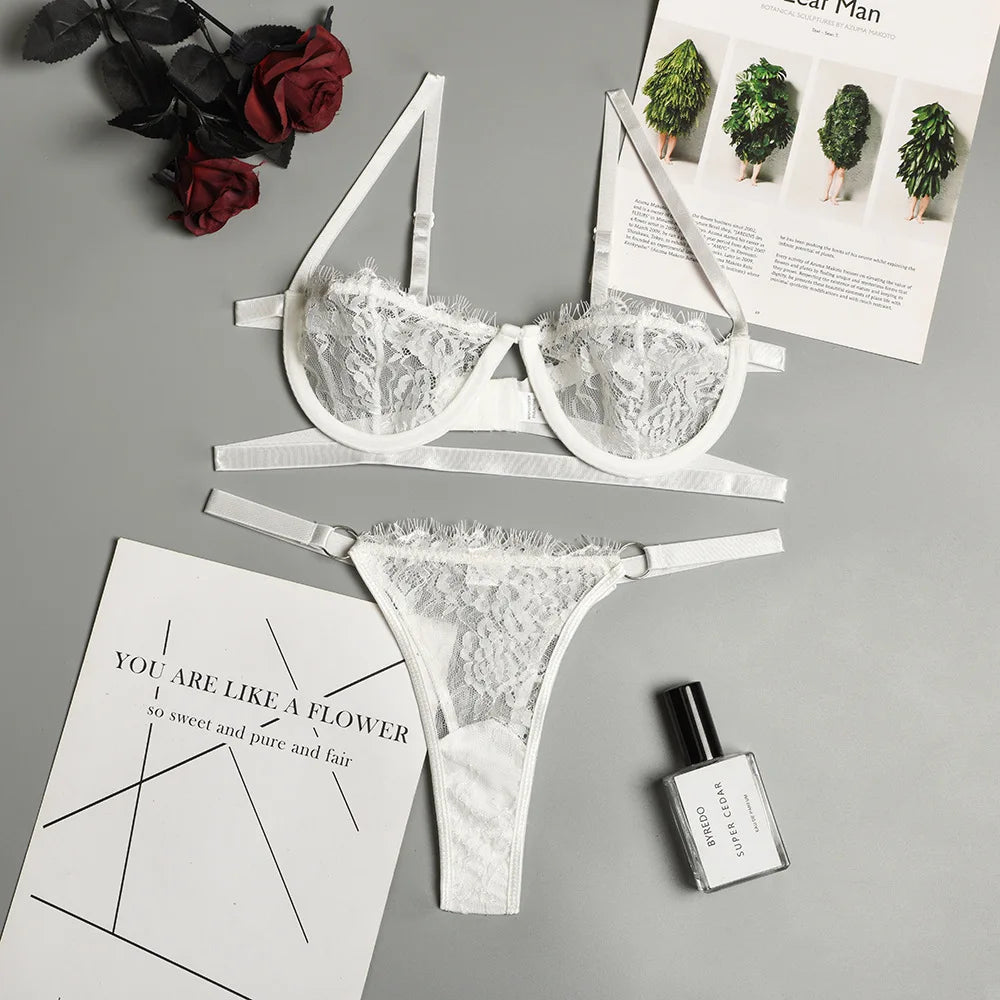 Embroidery Lace Bra Set – Push Up Transparent Lingerie