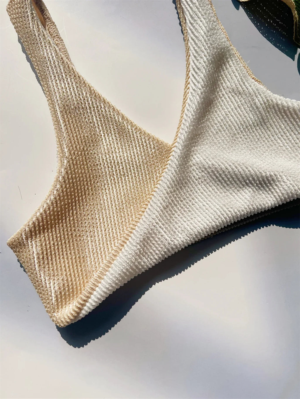 Aria Khaki - Patchwork V-Neck Bikini