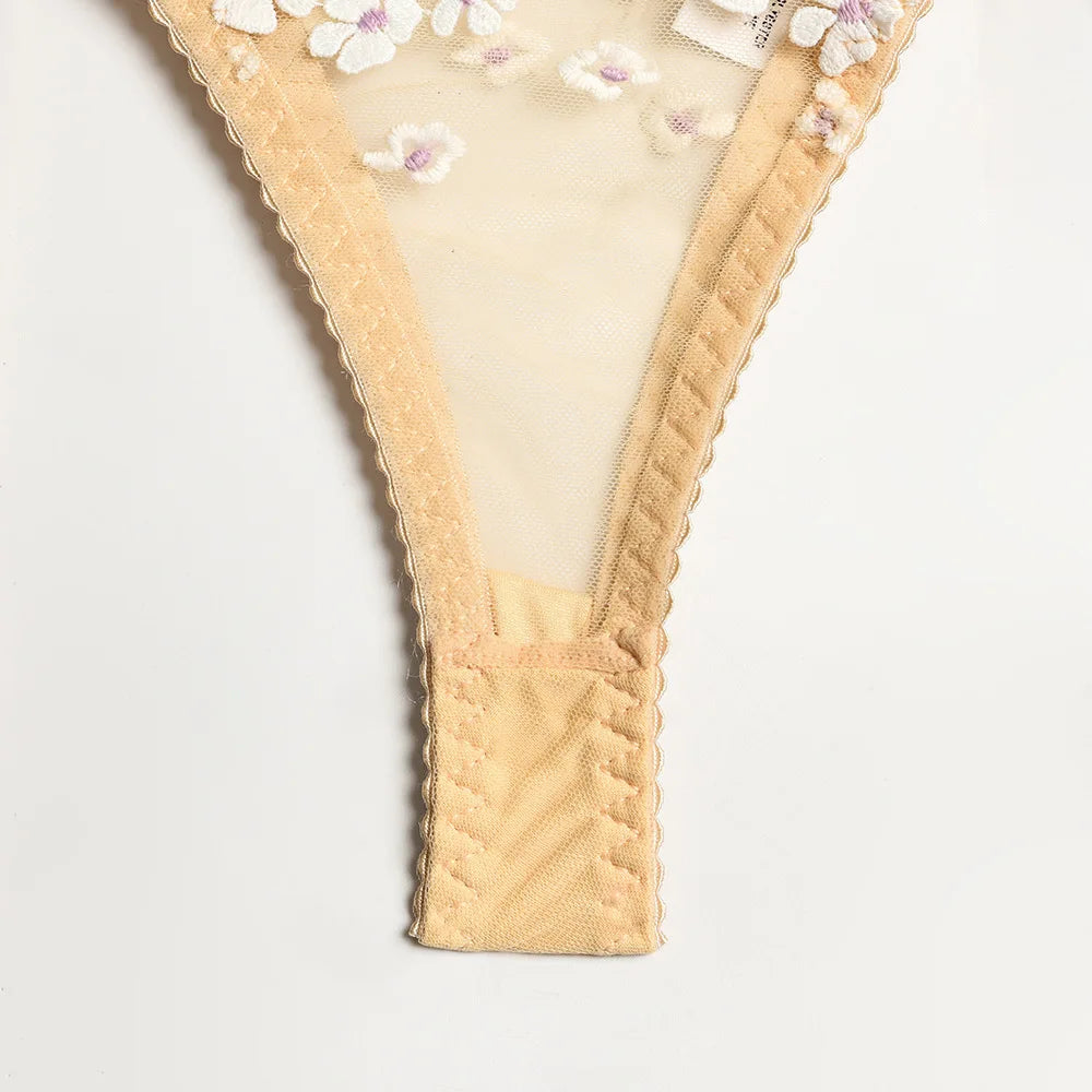 Floral Lace Transparent Bra & Thong Lingerie Set (3pcs)
