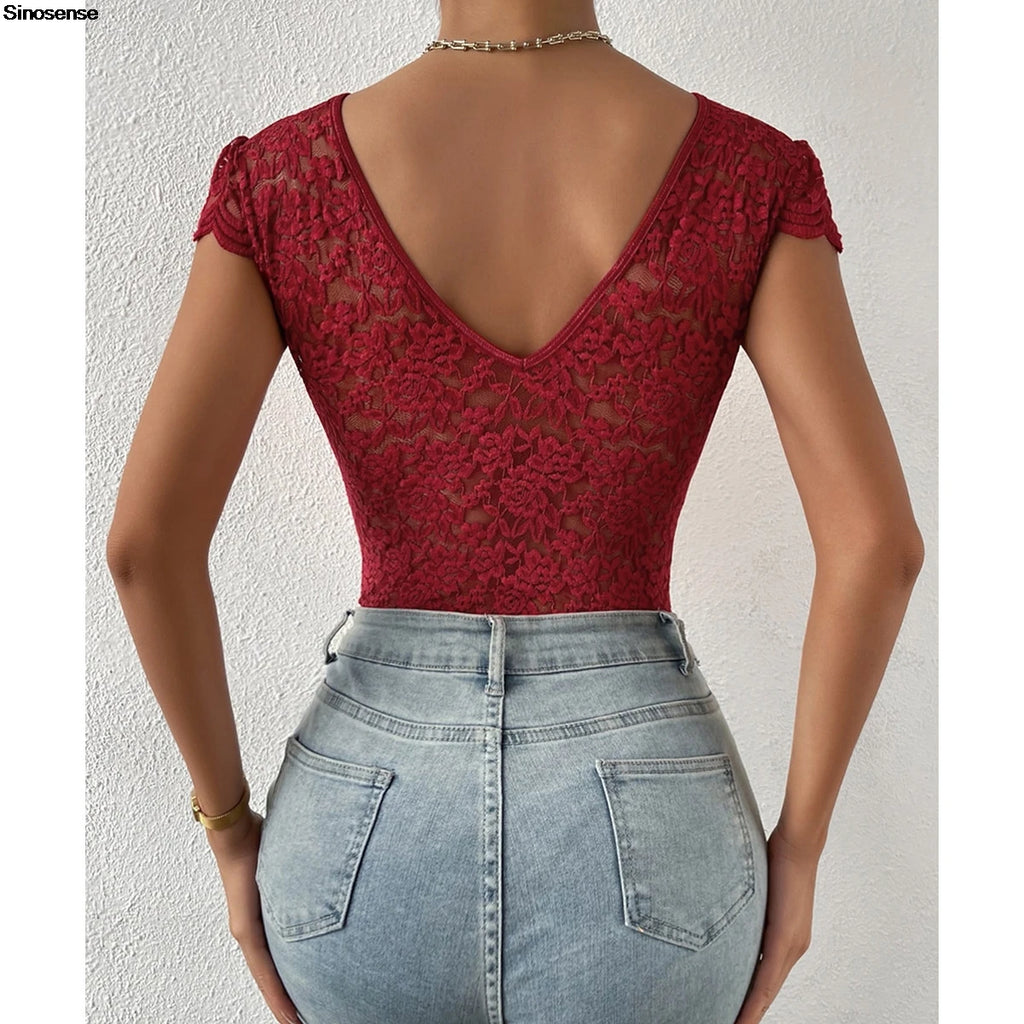 Women’s Floral Embroidery Lace Teddy – V-Neck Backless Bodysuit