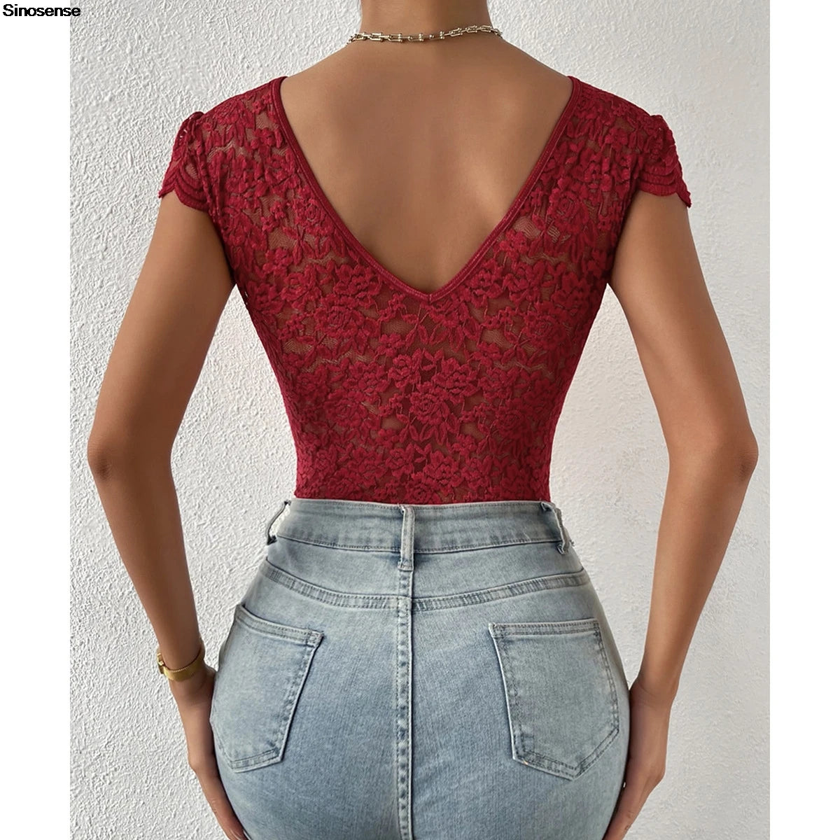 Women’s Floral Embroidery Lace Teddy – V-Neck Backless Bodysuit