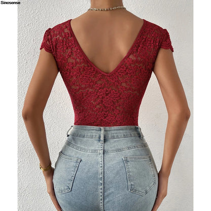 Women’s Floral Embroidery Lace Teddy – V-Neck Backless Bodysuit