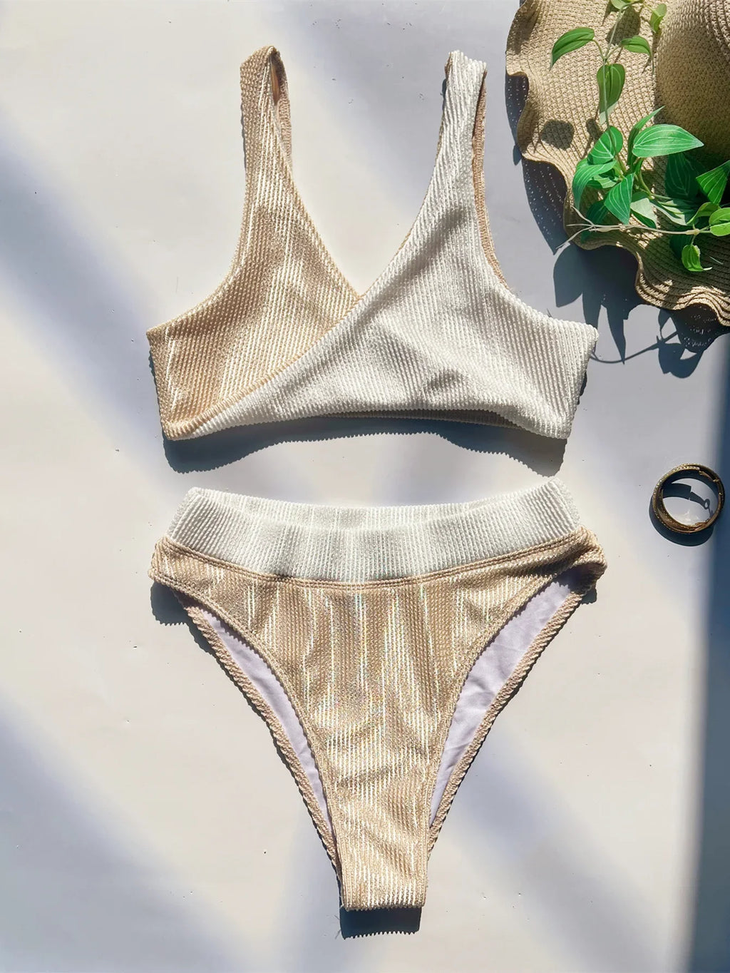 Aria Khaki - Patchwork V-Neck Bikini