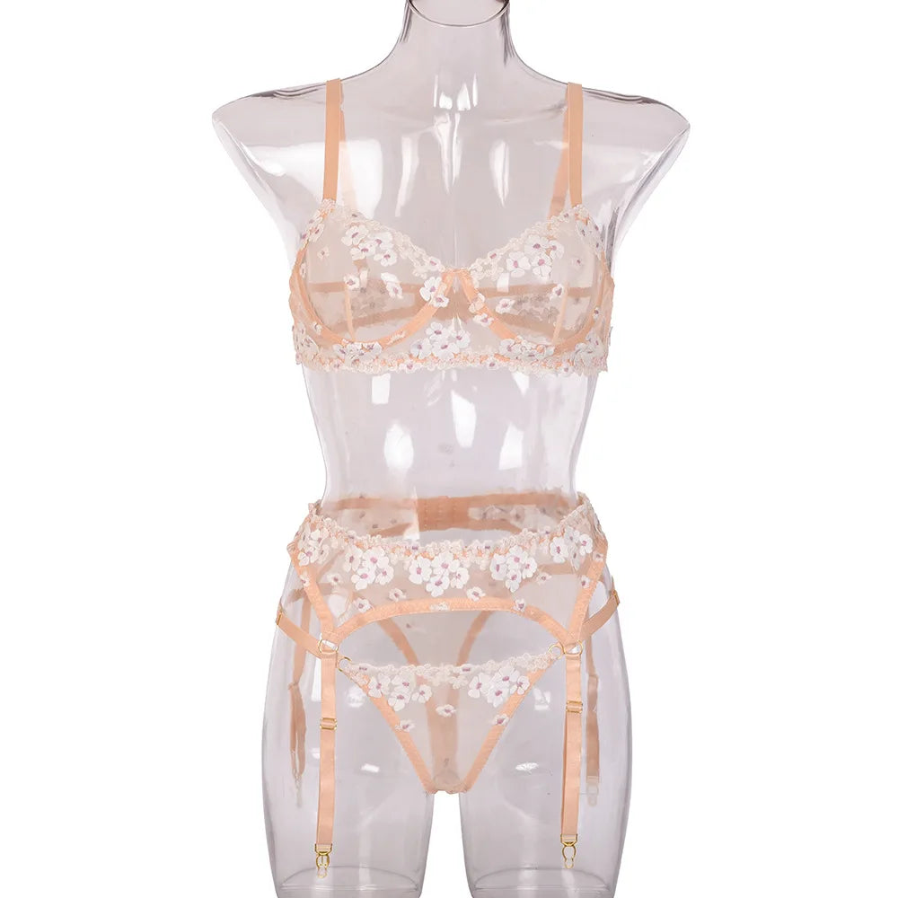 Floral Lace Transparent Bra & Thong Lingerie Set (3pcs)