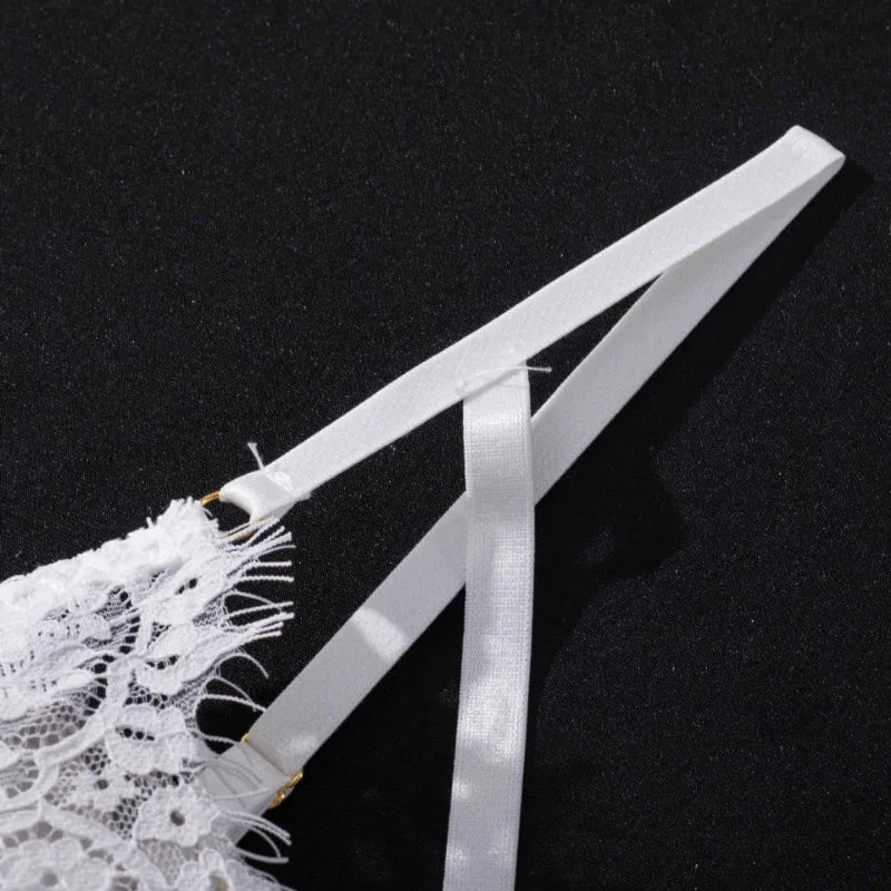 Transparent Lace Bra & Thong with Garter Belt