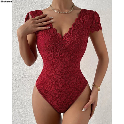 Women’s Floral Embroidery Lace Teddy – V-Neck Backless Bodysuit