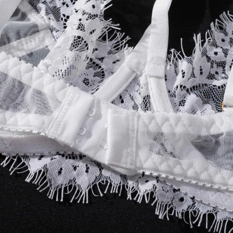 Transparent Lace Bra & Thong with Garter Belt