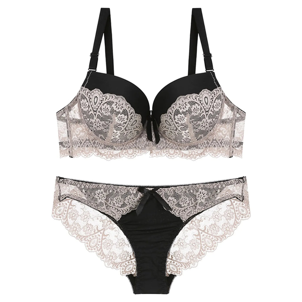 Lace Panel Padded Bra & Thong Lingerie Set