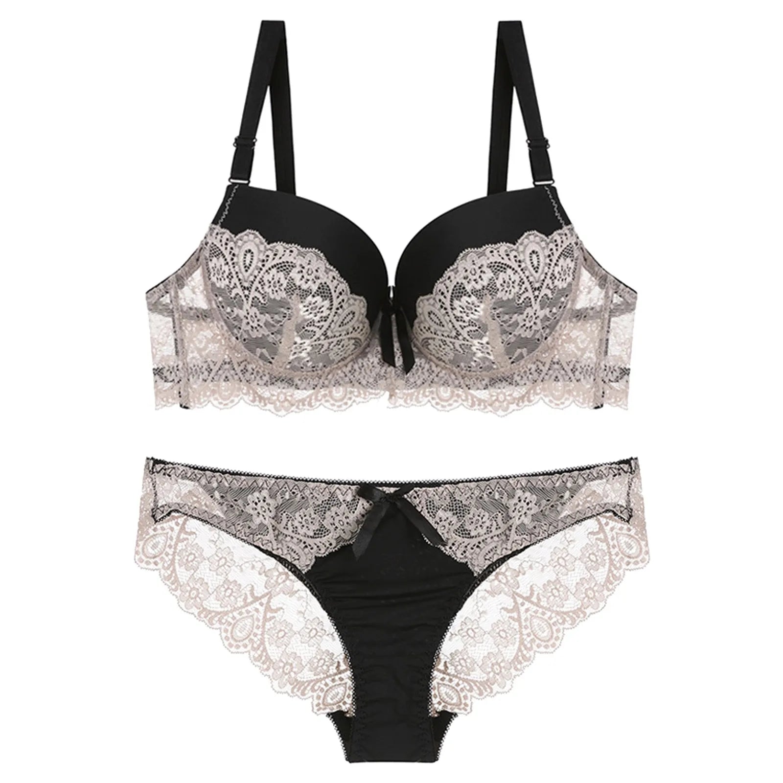 Lace Panel Padded Bra & Thong Lingerie Set