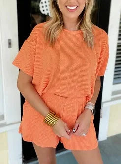 Summer 2-Piece Set – Solid O-Neck Short Sleeve T-Shirt & Loose Casual Shorts