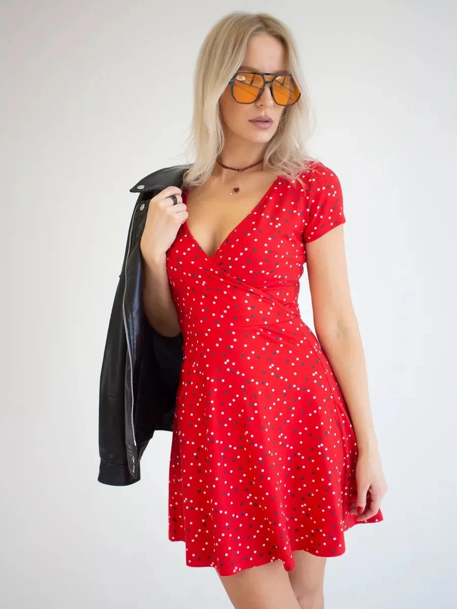 Boho Floral - V Neck Short Sleeve Mini Dresses