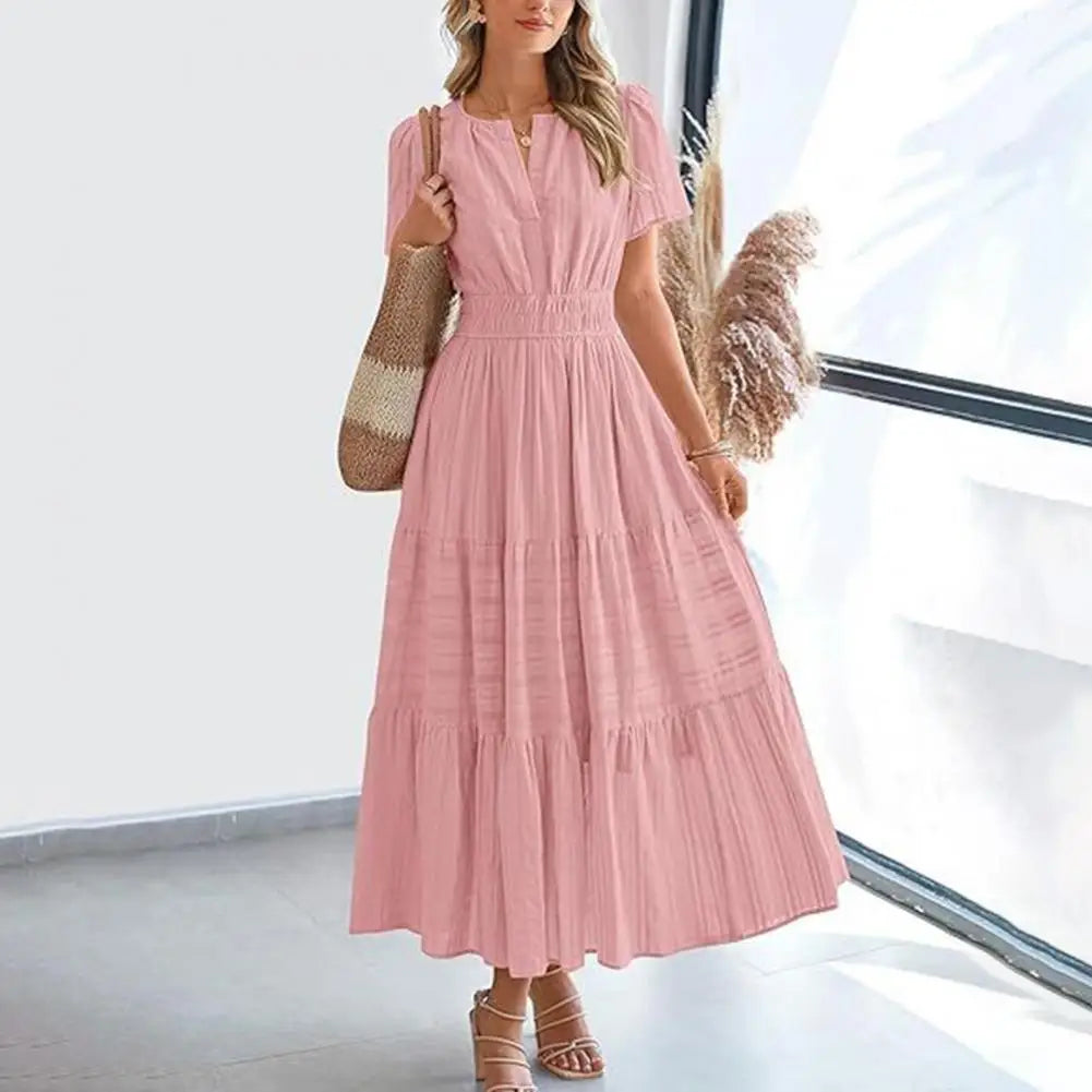 Celebration Party Outfit Elegant V-neck Maxi Dress with Smocked Waist Tiered Flowy Design for Women Summer Pleated Long Dress