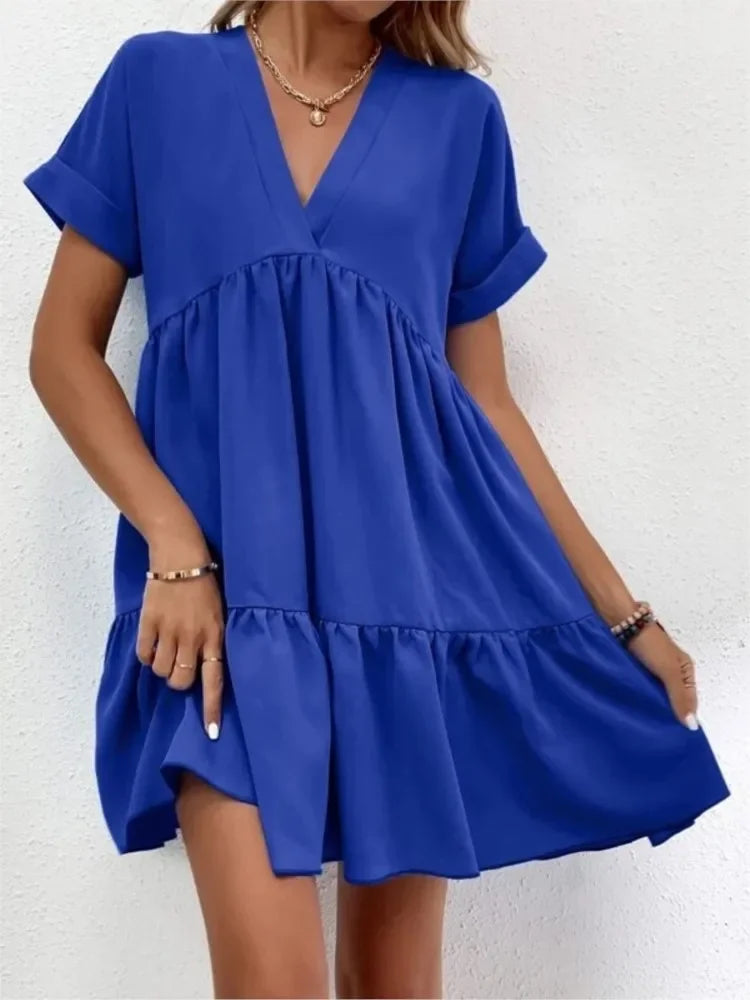 Women's Short Dress New Summer Style Fresh And Sweet V-neck Solid Color Large Swing Elegant Casual Short Dress