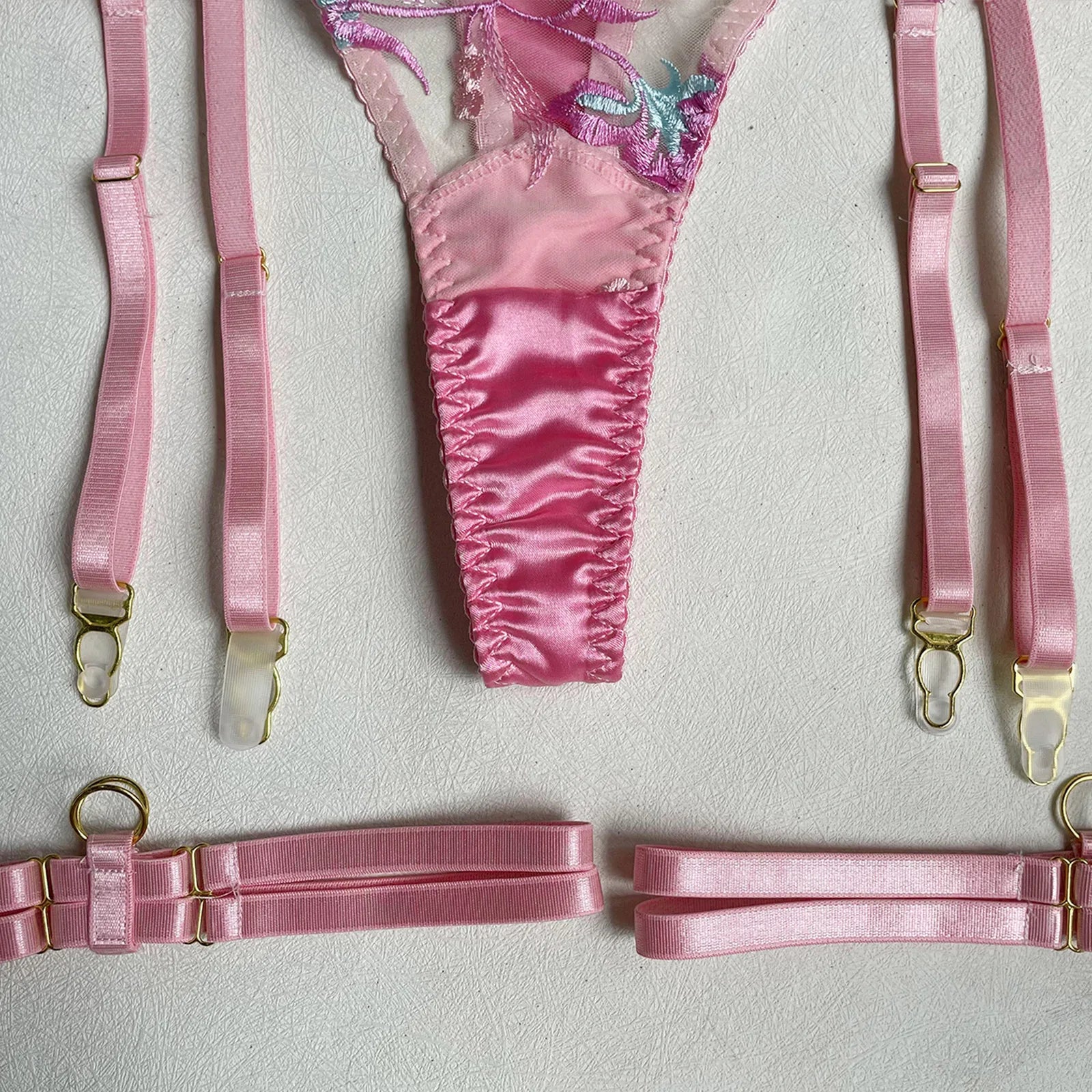 Ruffle Embroidery Push-Up Lingerie Set (4pcs)