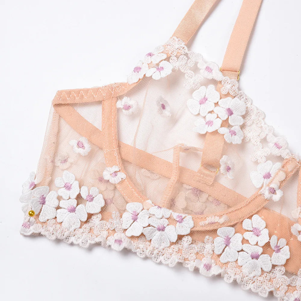 Floral Lace Transparent Bra & Thong Lingerie Set (3pcs)