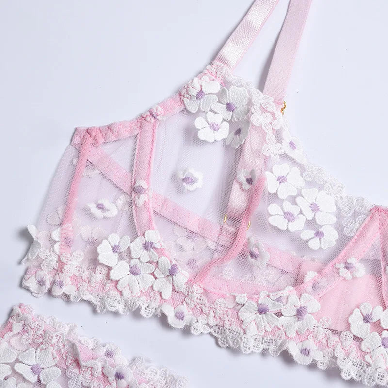 Floral Lace Transparent Bra & Thong Lingerie Set (3pcs)