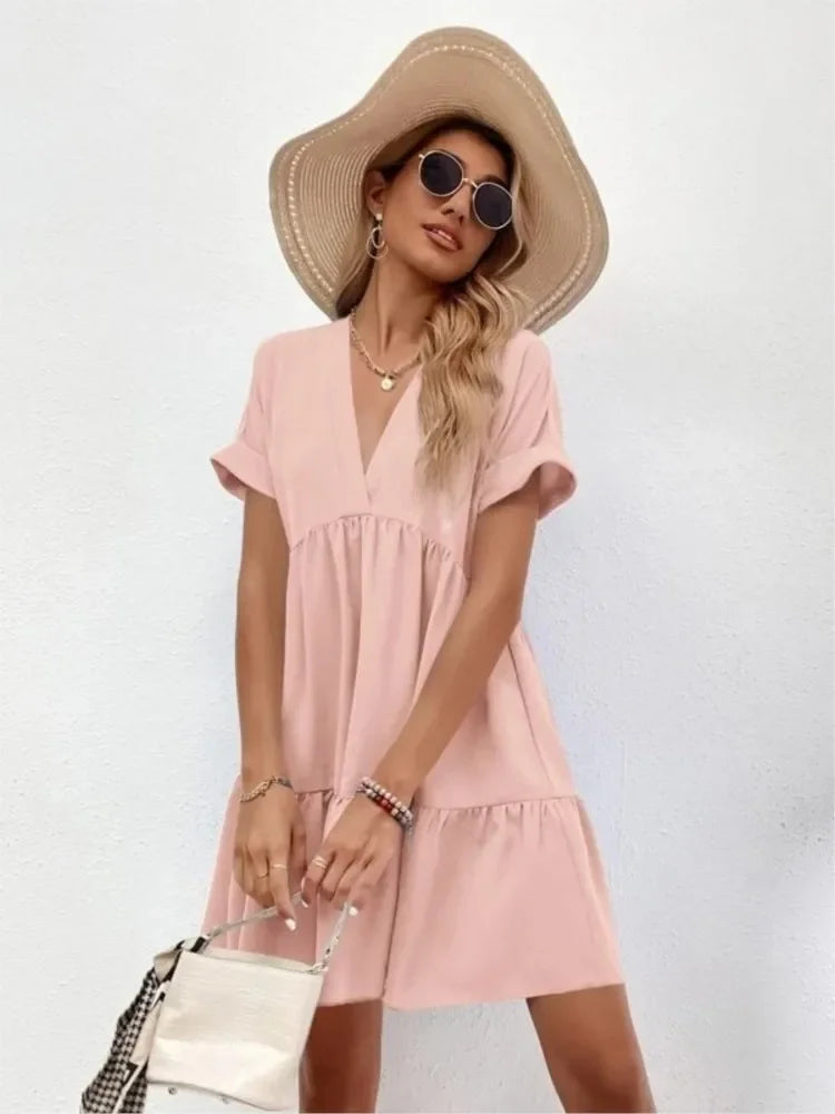 Women's Short Dress New Summer Style Fresh And Sweet V-neck Solid Color Large Swing Elegant Casual Short Dress
