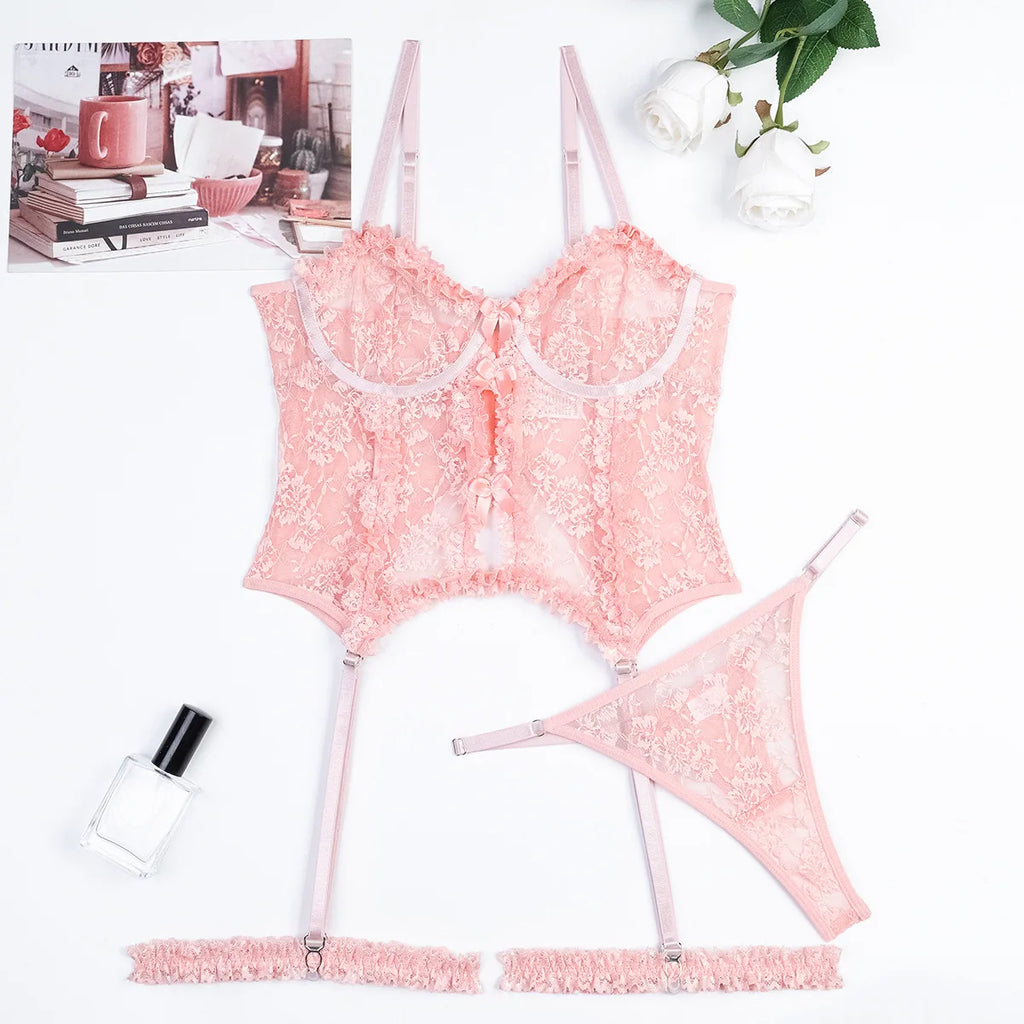 Lace Panel Padded Bra & Thong Set (Underwire)