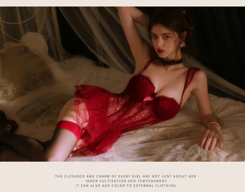 Sexy Red Lace Corset Bra & Brief Set Nightwear