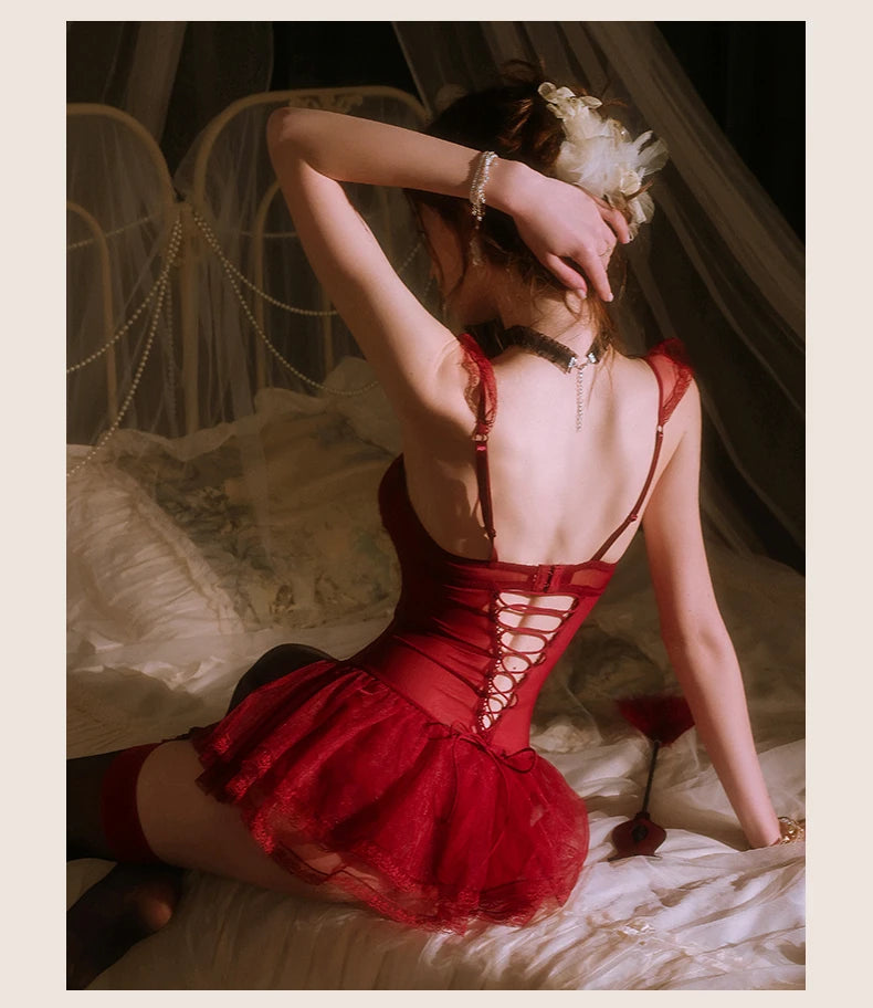 Sexy Red Lace Corset Bra & Brief Set Nightwear