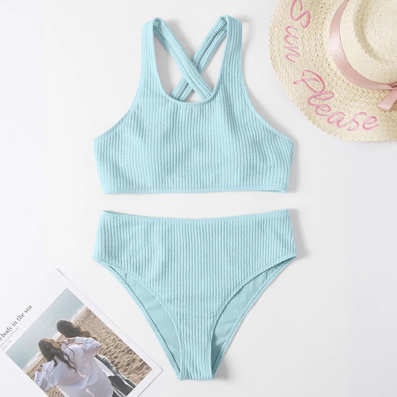 Sexy Bikini High Waist Women Swimsuit 2024 New Solid Ribbed Swimwear Push Up Bikinis Set Summer Beachwear Bathing Suit Female