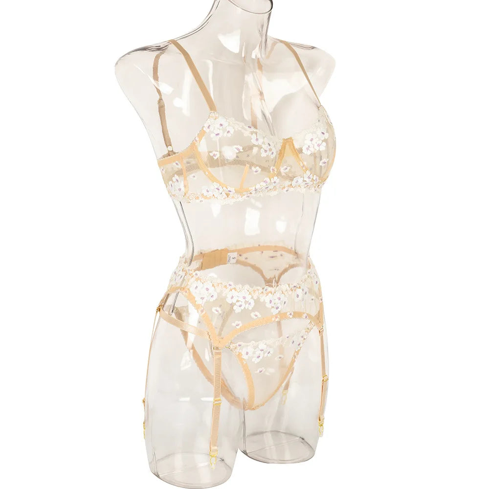 Floral Lace Transparent Bra & Thong Lingerie Set (3pcs)