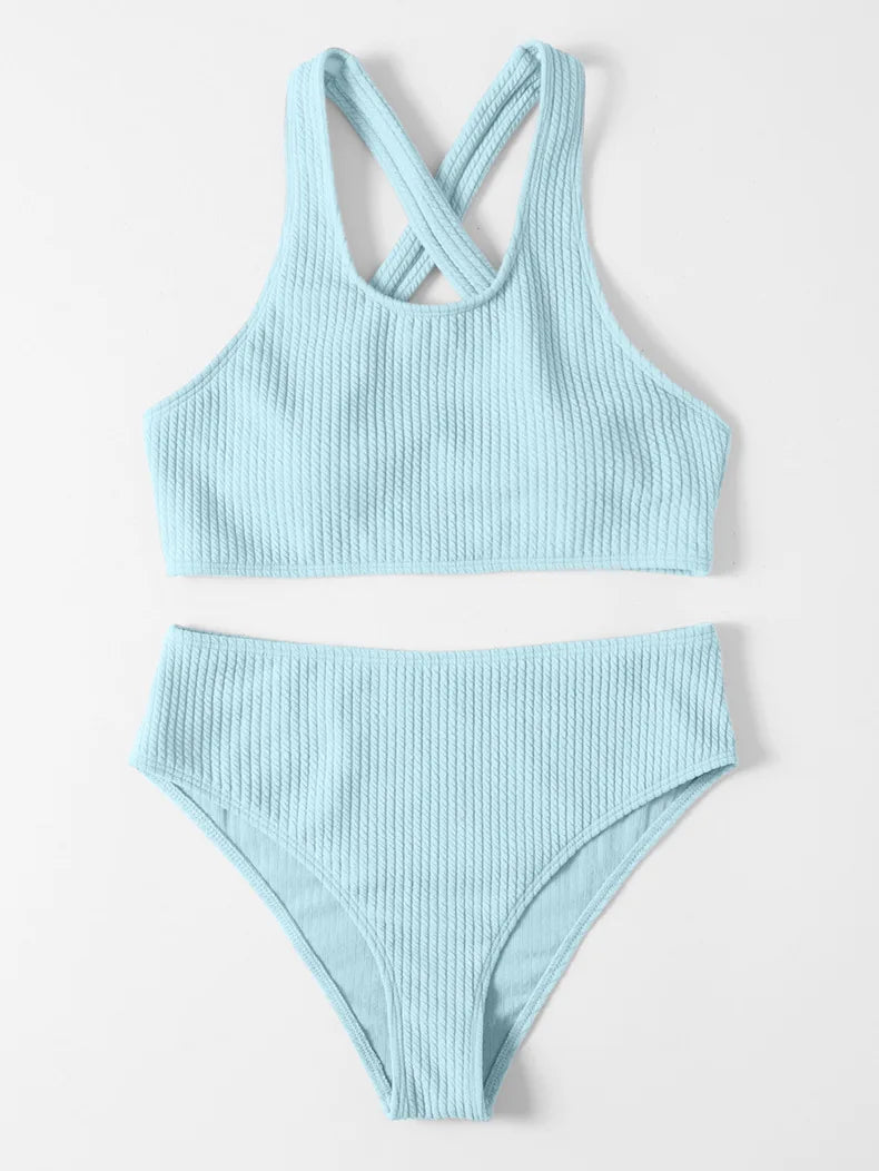 Sexy Bikini High Waist Women Swimsuit 2024 New Solid Ribbed Swimwear Push Up Bikinis Set Summer Beachwear Bathing Suit Female