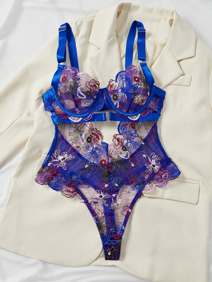 Floral Lace Push-Up Lingerie – One-Piece Embroidered Bikini Bra Bodysuit