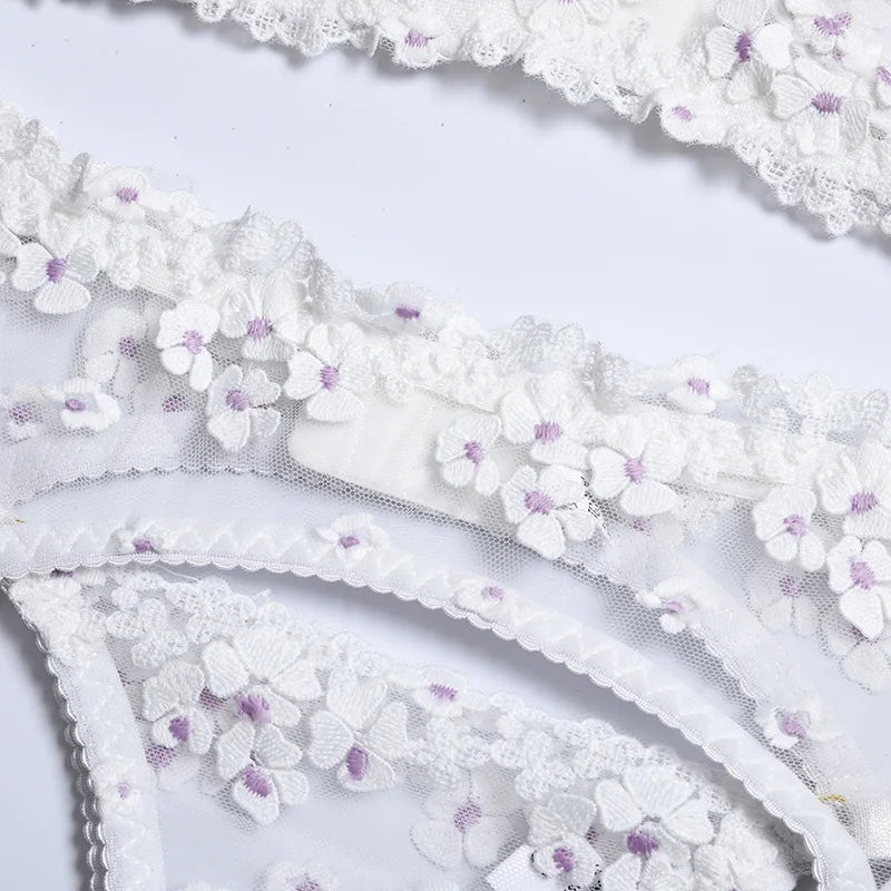 Floral Lace Transparent Bra & Thong Lingerie Set (3pcs)