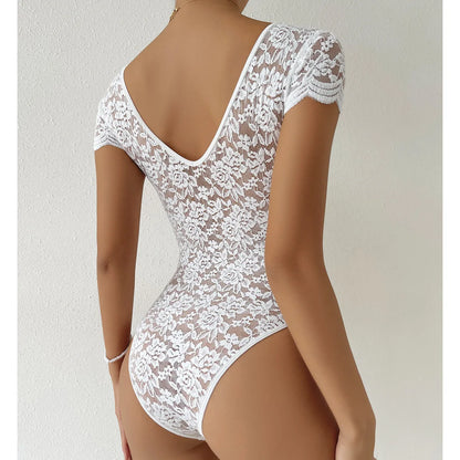 Women’s Floral Embroidery Lace Teddy – V-Neck Backless Bodysuit