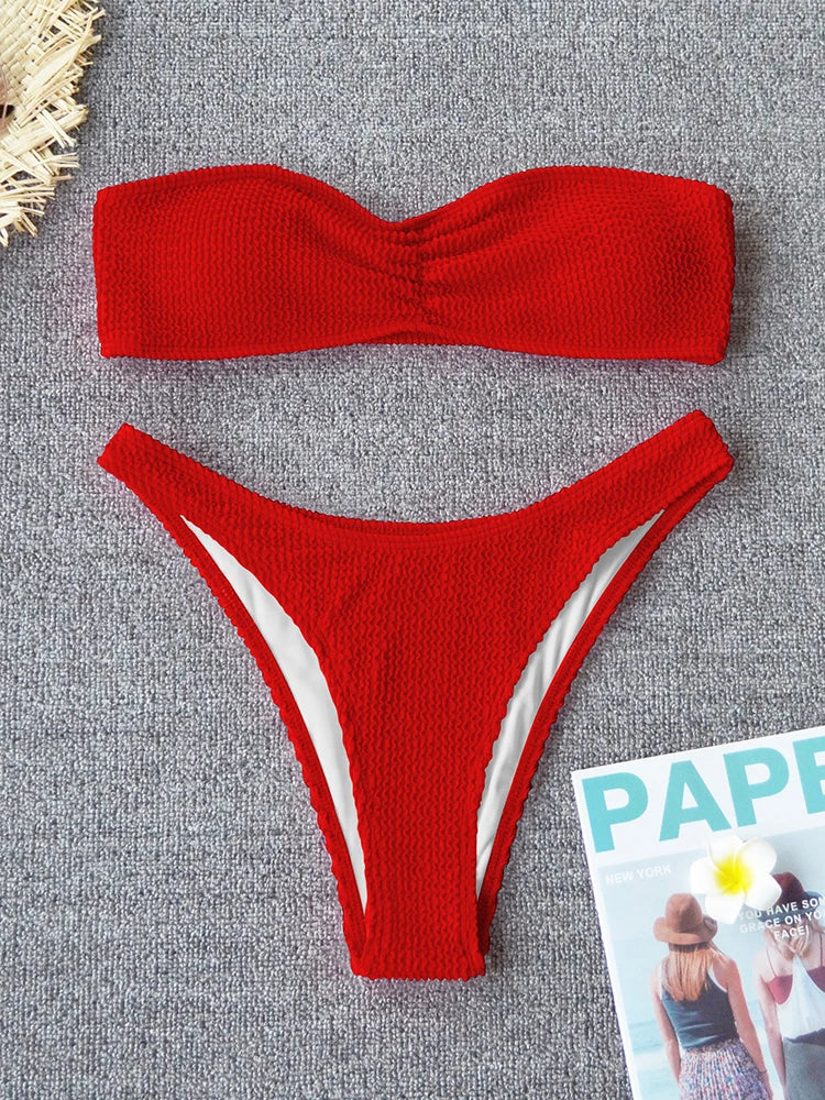 Sexy Textured Bikini 2025 Bandeau Swimsuit Women Swimwear Push Up Bikini Set Solid Bathing Suit Beach Wear Biquini Female