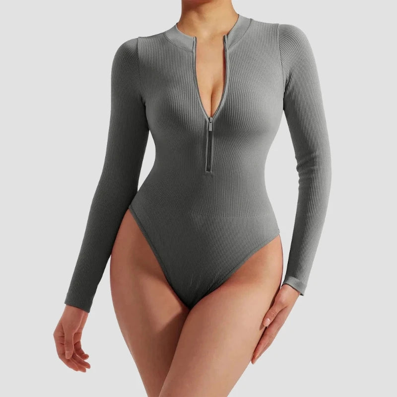 Seamless Long Sleeve Athletic Bodysuit – Half Zipper Quick-Dry Yoga & Fitness Wear
