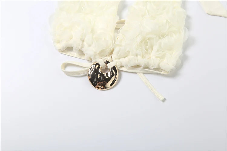 Sisterlinda 3d Flower Applique 3Piece Set Women Halter Metal Buckle Camisole+Briefs+See Through Long Skirts Ruched Elegant Suits