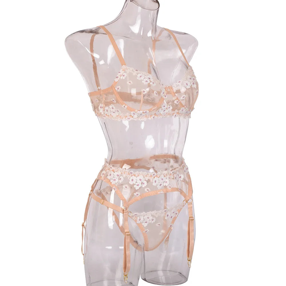 Floral Lace Transparent Bra & Thong Lingerie Set (3pcs)