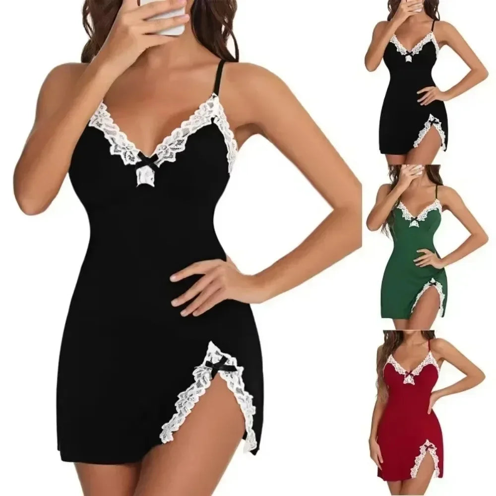 V-Neck Lace Chemise – Sexy Bow Nightdress Sleepwear
