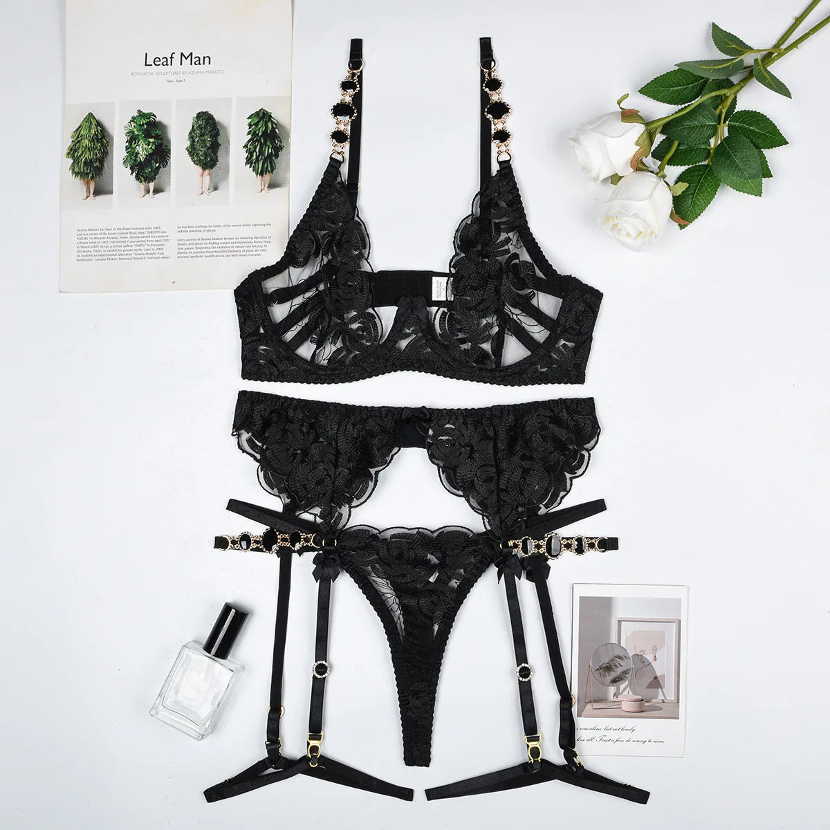 Luxury Embroidered Garter Lingerie Set – 3 Piece