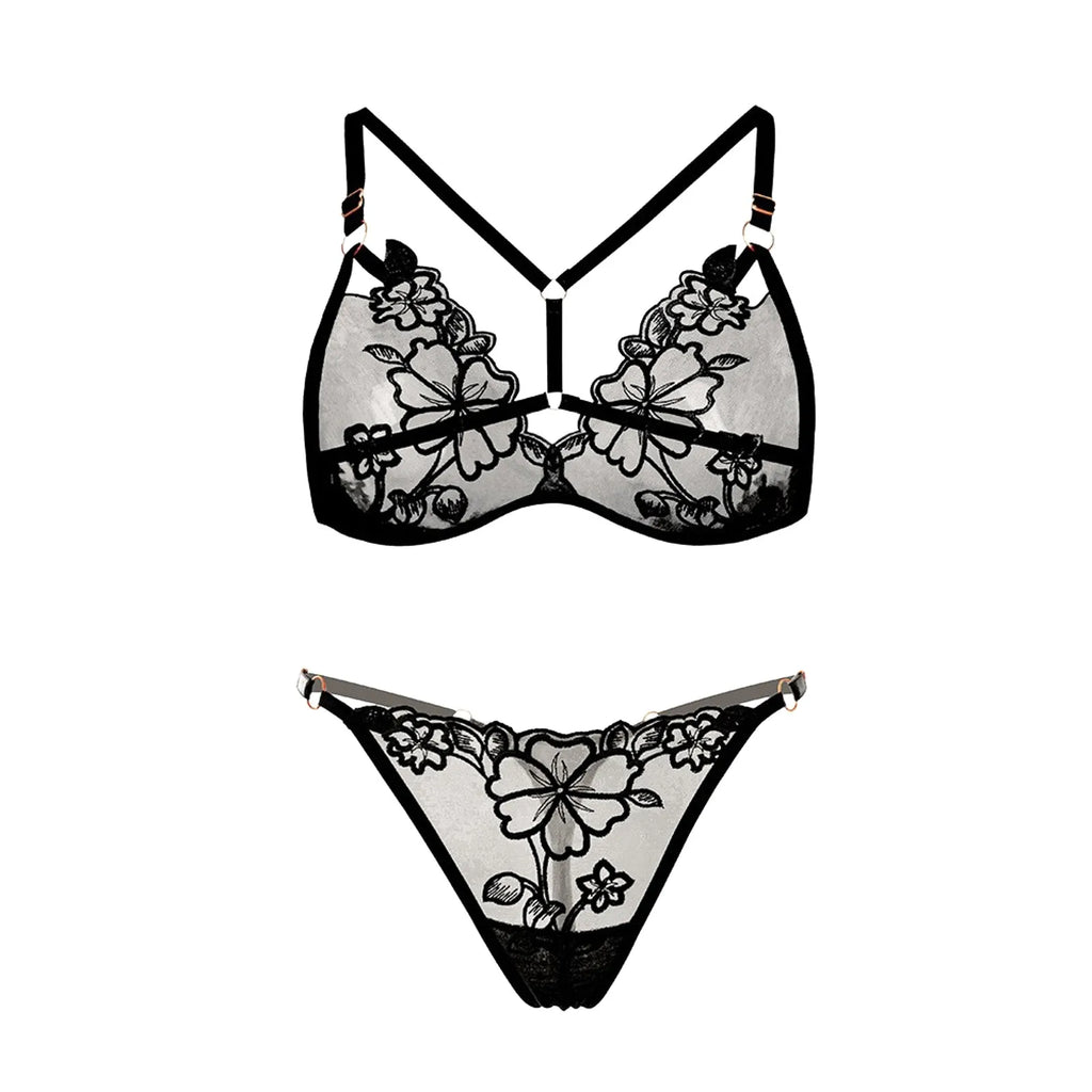 Ultra Thin Mesh Embroidery Bra & Thong Set