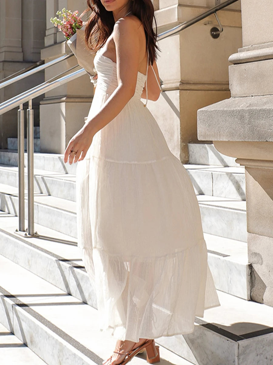 New Fashion Women Long Dress Elegant Sleeveless Tie-Up Halterneck Floral Dress Summer Swing Dress Hot Sale S-XL