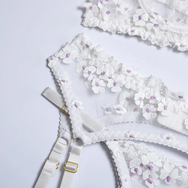 Floral Lace Transparent Bra & Thong Lingerie Set (3pcs)