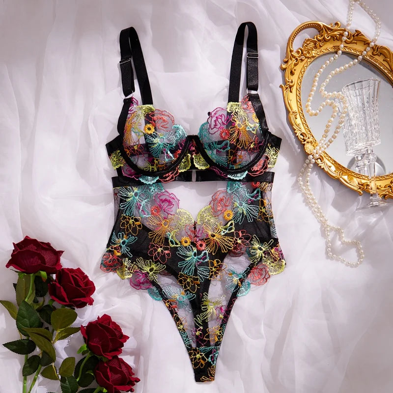 Floral Lace Push-Up Lingerie – One-Piece Embroidered Bikini Bra Bodysuit