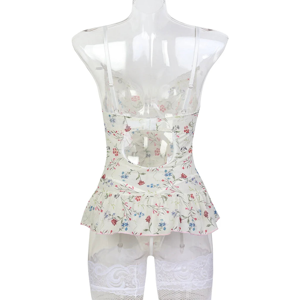 Lace-Up Corset Babydoll with Stockings