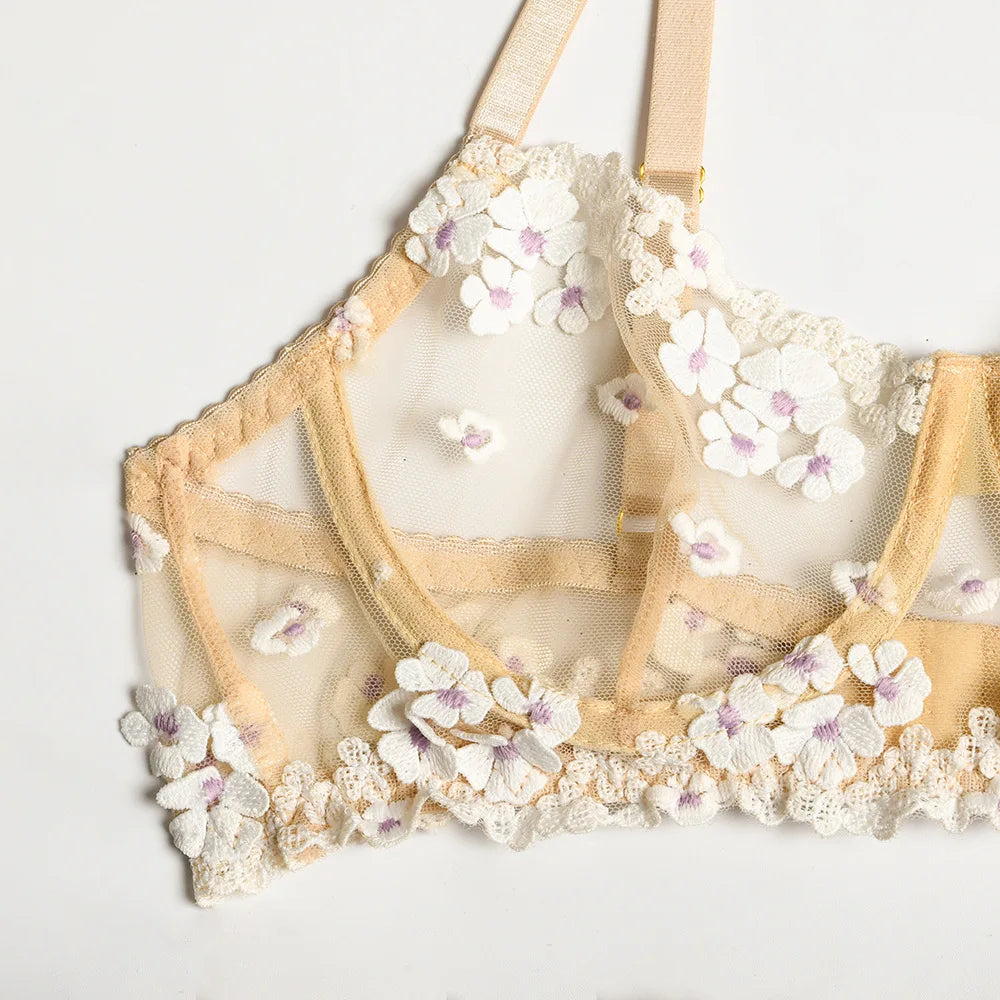 Floral Lace Transparent Bra & Thong Lingerie Set (3pcs)