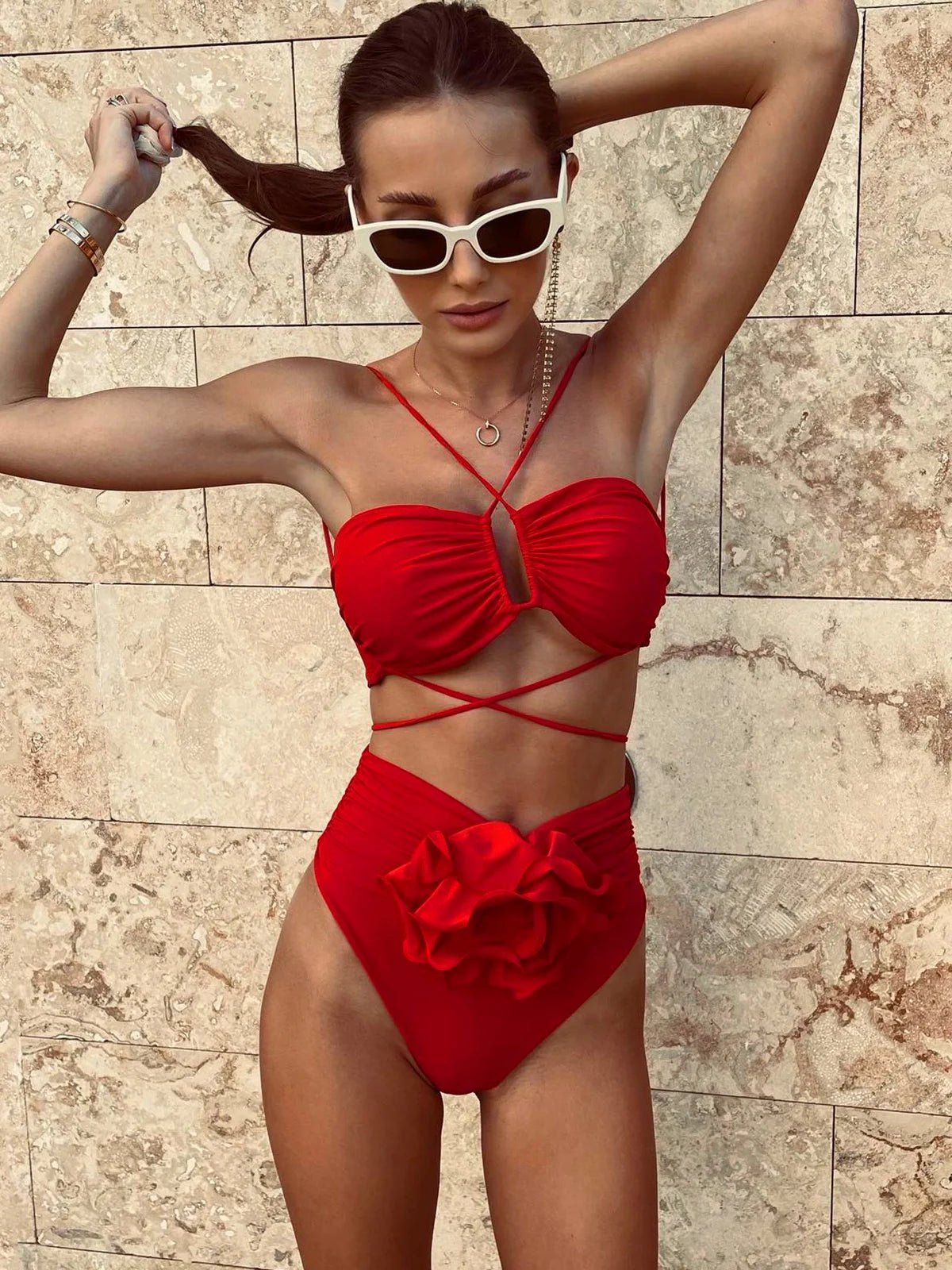 Sexy Bikini 2024 High Waist Bikini Set Bandeau Halter Women Swimsuit Female Swimwear Flower Biquini Swimming Suit Beachwear
